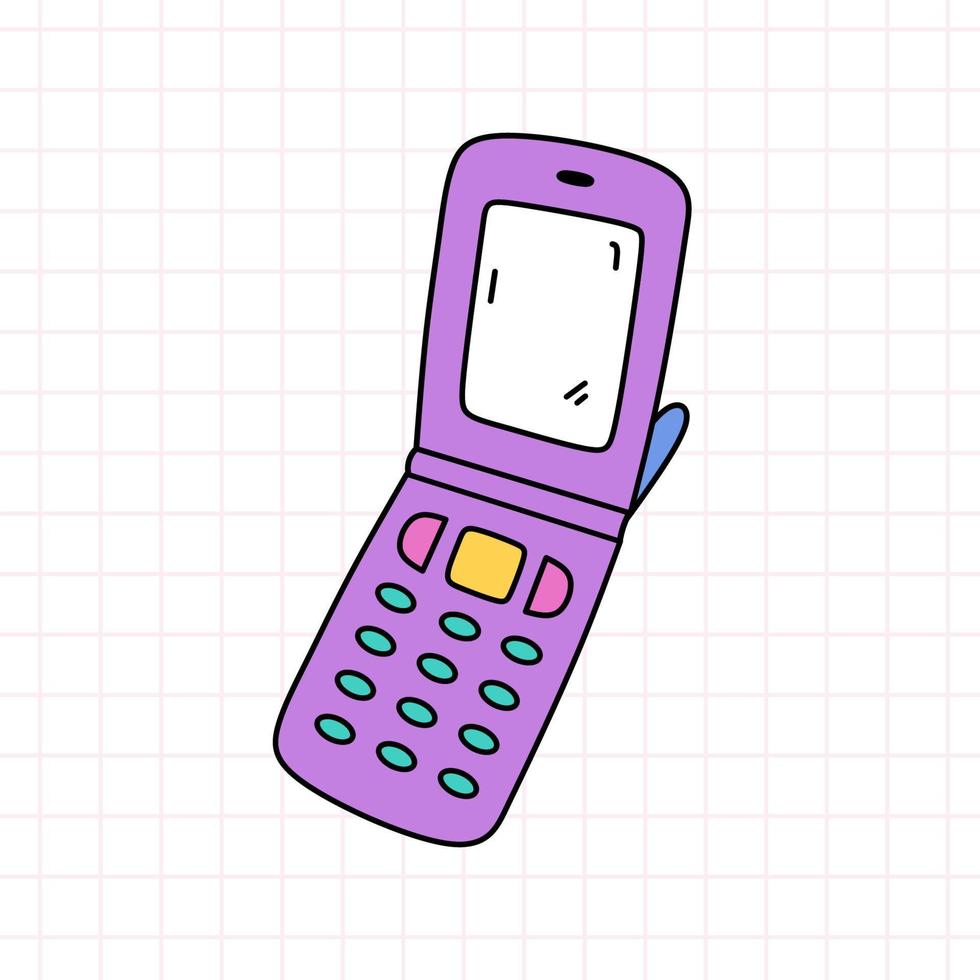 teléfono plegable retro en colores brillantes. ilustración de garabato dibujada a mano vectorial aislada en fondo blanco. perfecto para tarjetas, decoraciones, logotipos, varios diseños. nostalgia, estilo de los 90 vector