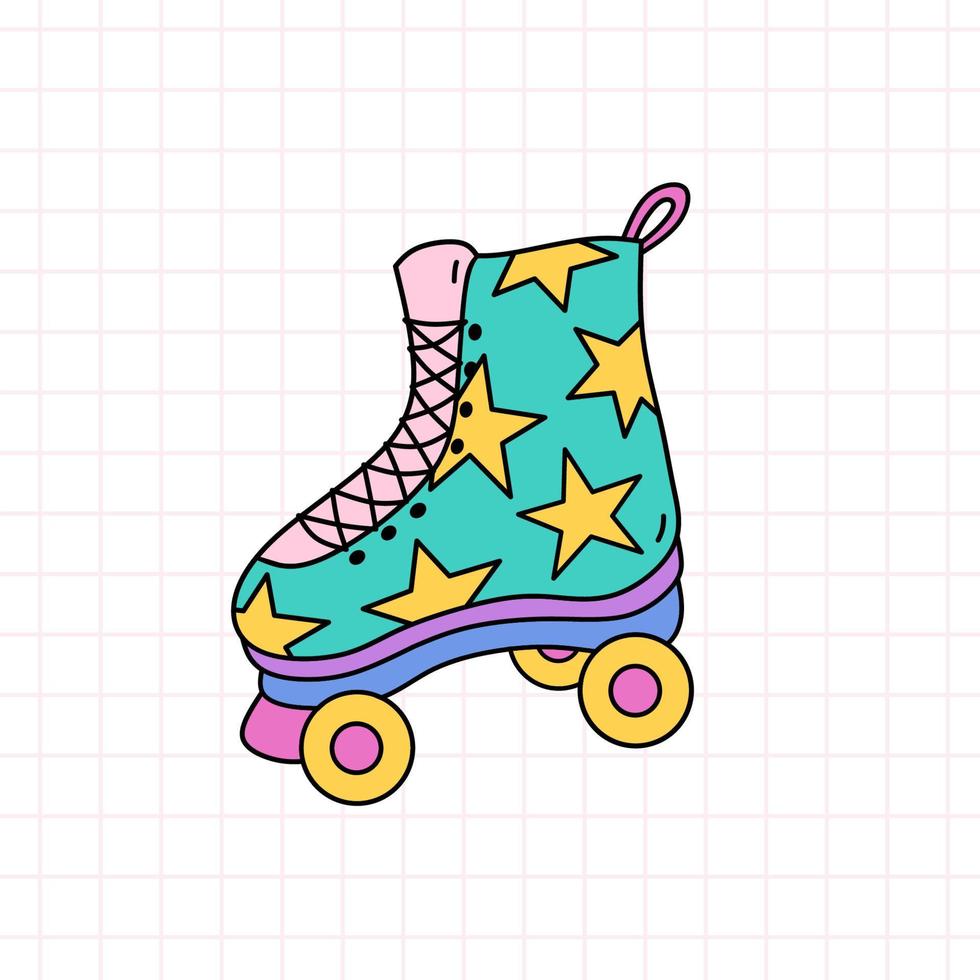 Bright quad roller skate with stars. Vector hand-drawn doodle illustration isolated on checkered background. Perfect for cards, decorations, logo, various designs. 90s retro style