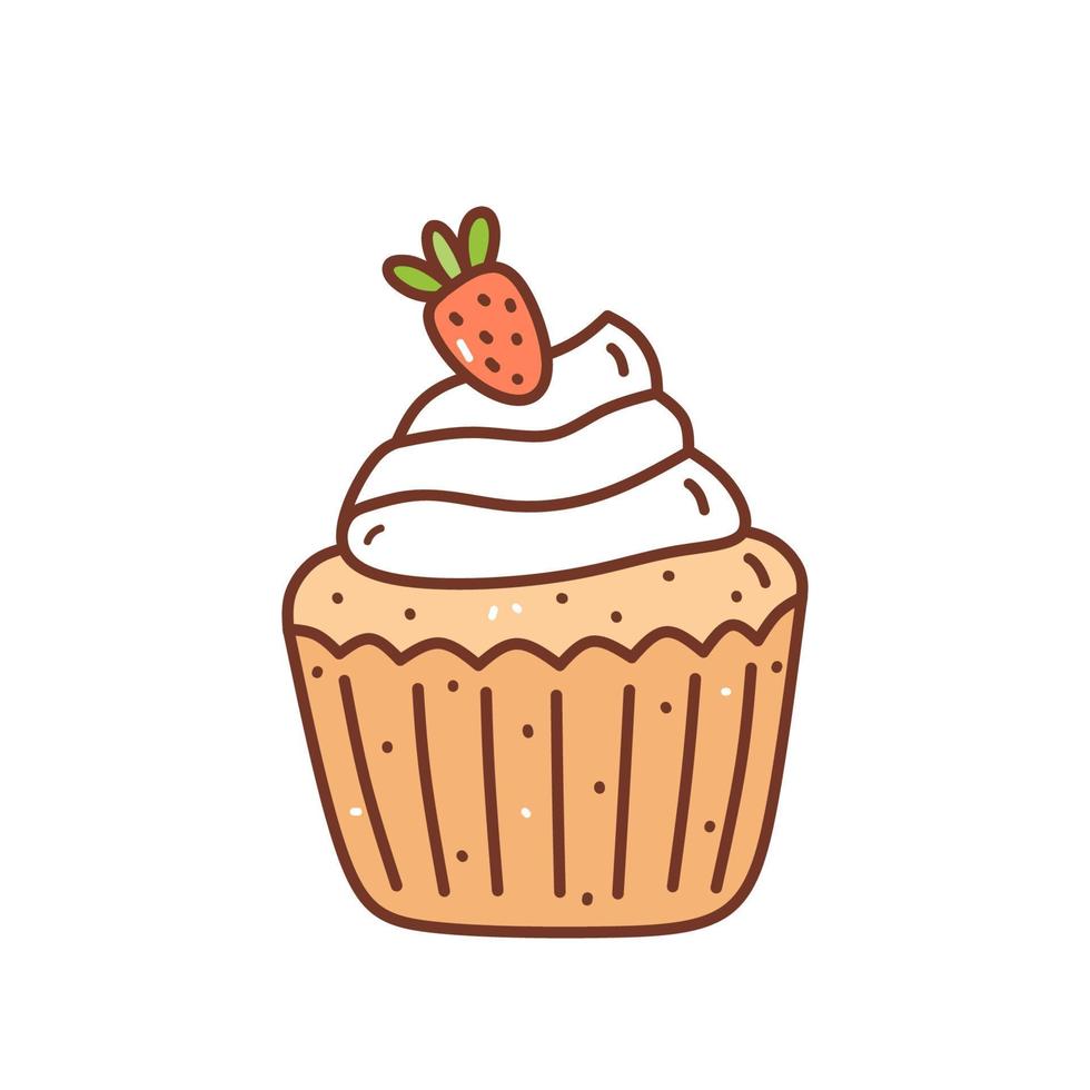 Cupcake with cream and strawberries isolated on white background. Cute dessert with berries. Vector hand-drawn illustration in doodle style. Perfect for holiday designs, cards, decorations, logo, menu