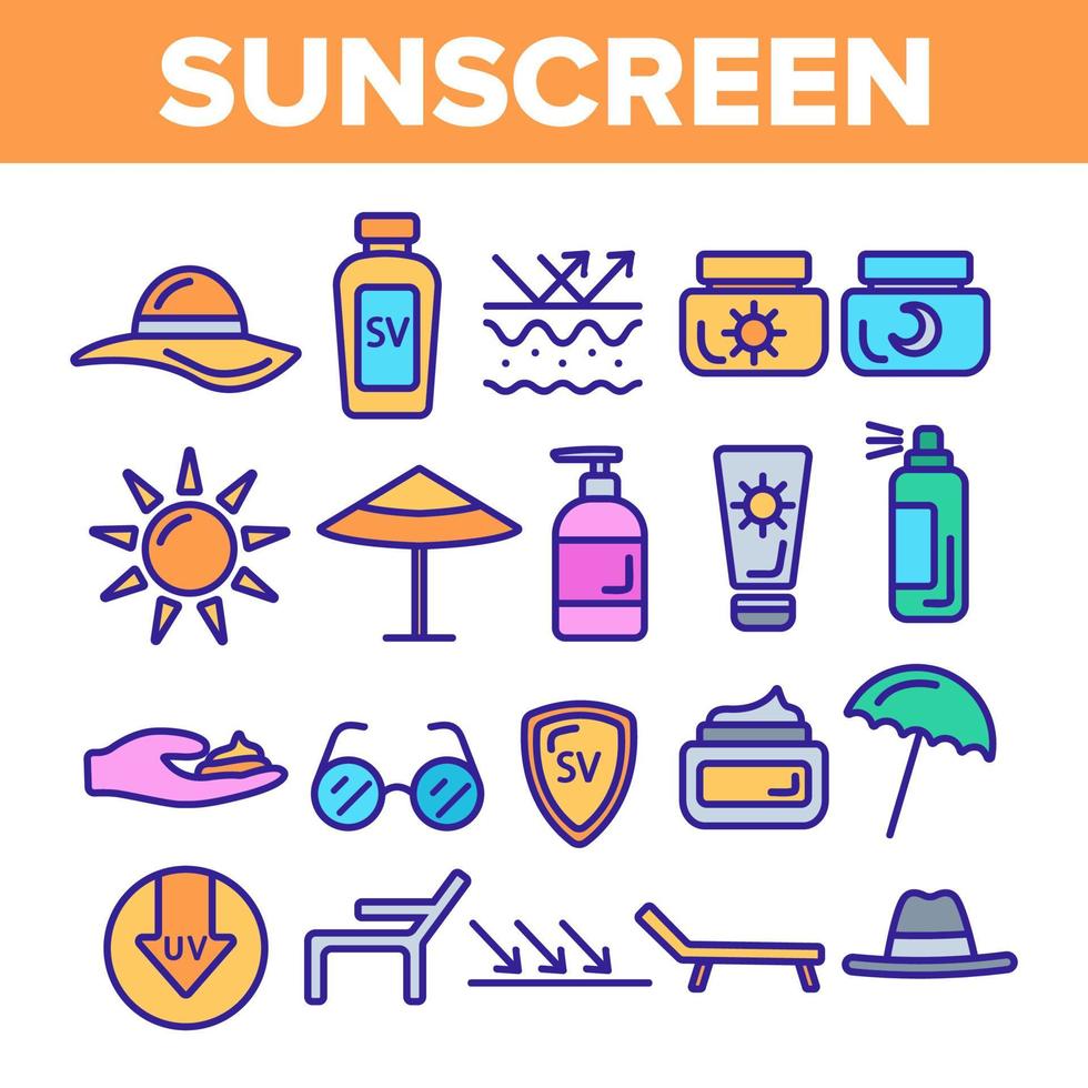 Sunscreen, UV Defence Vector Thin Line Icons Set