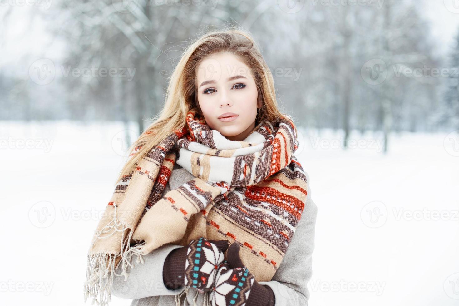 Young beautiful girl with a vintage style scarf and mittens in winter day photo