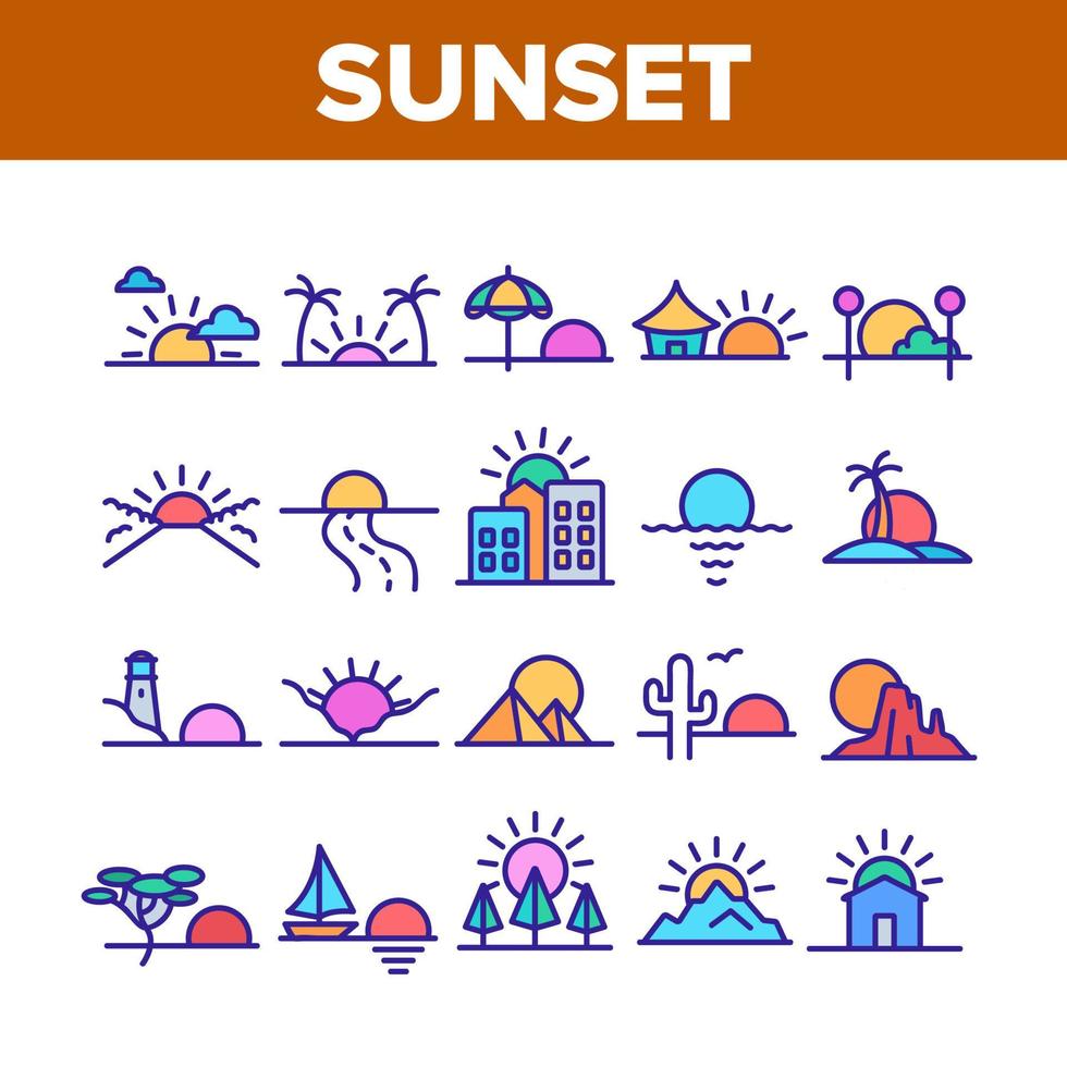 Sunset Or Sunrise Collection Icons Set Vector