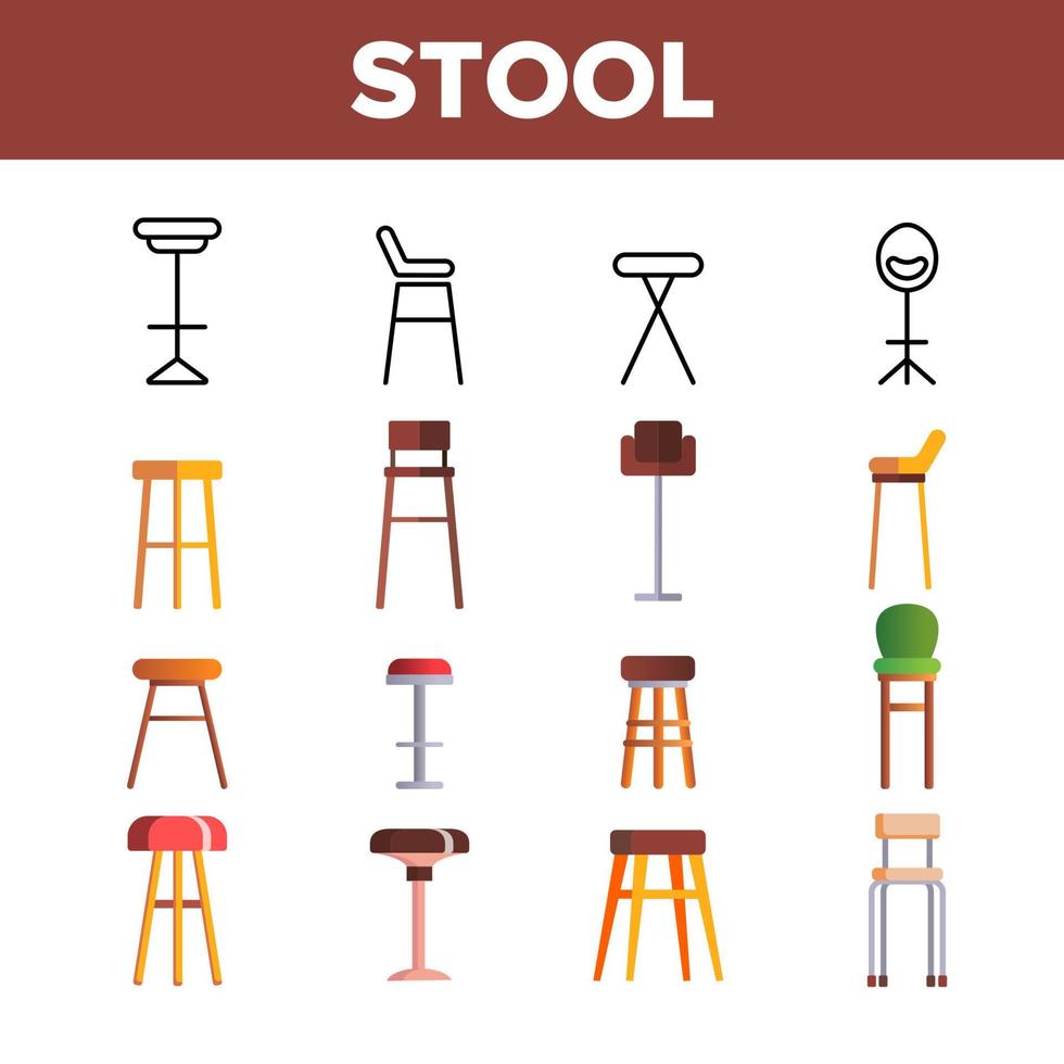 Stool, Sitting Furniture Vector Linear Icons Set