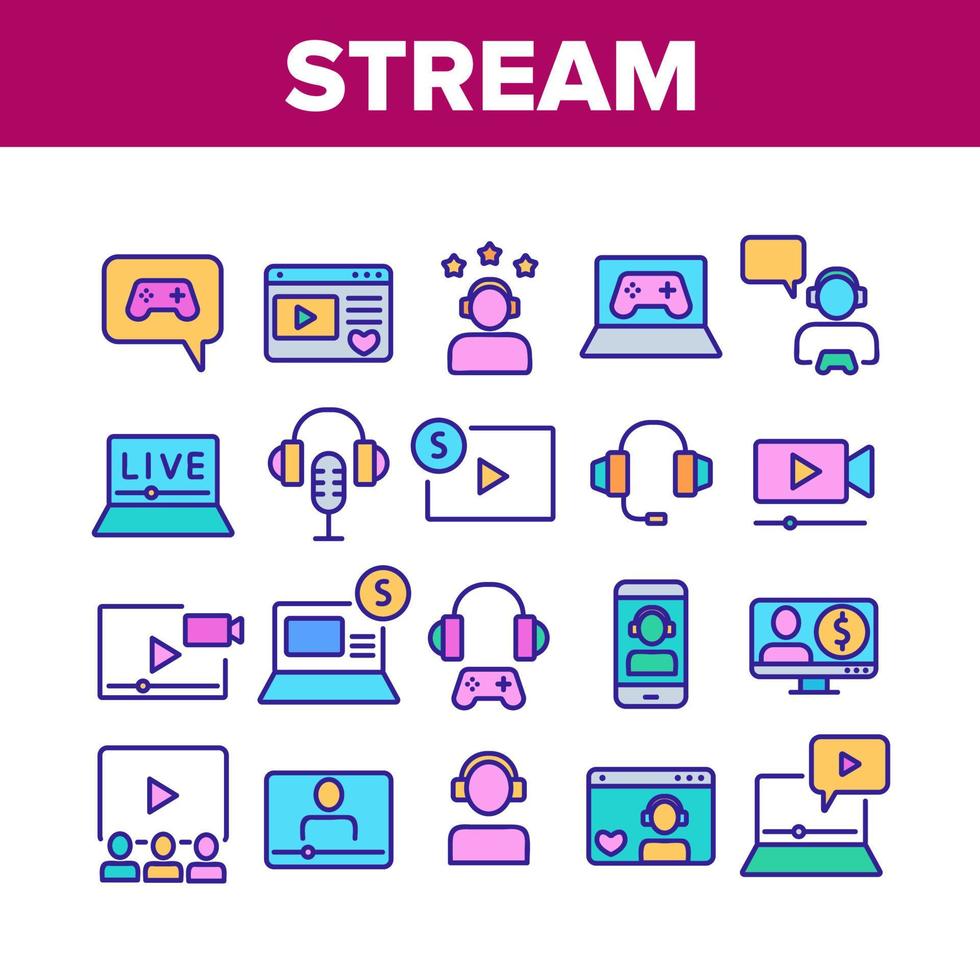 Stream Live Video Collection Icons Set Vector