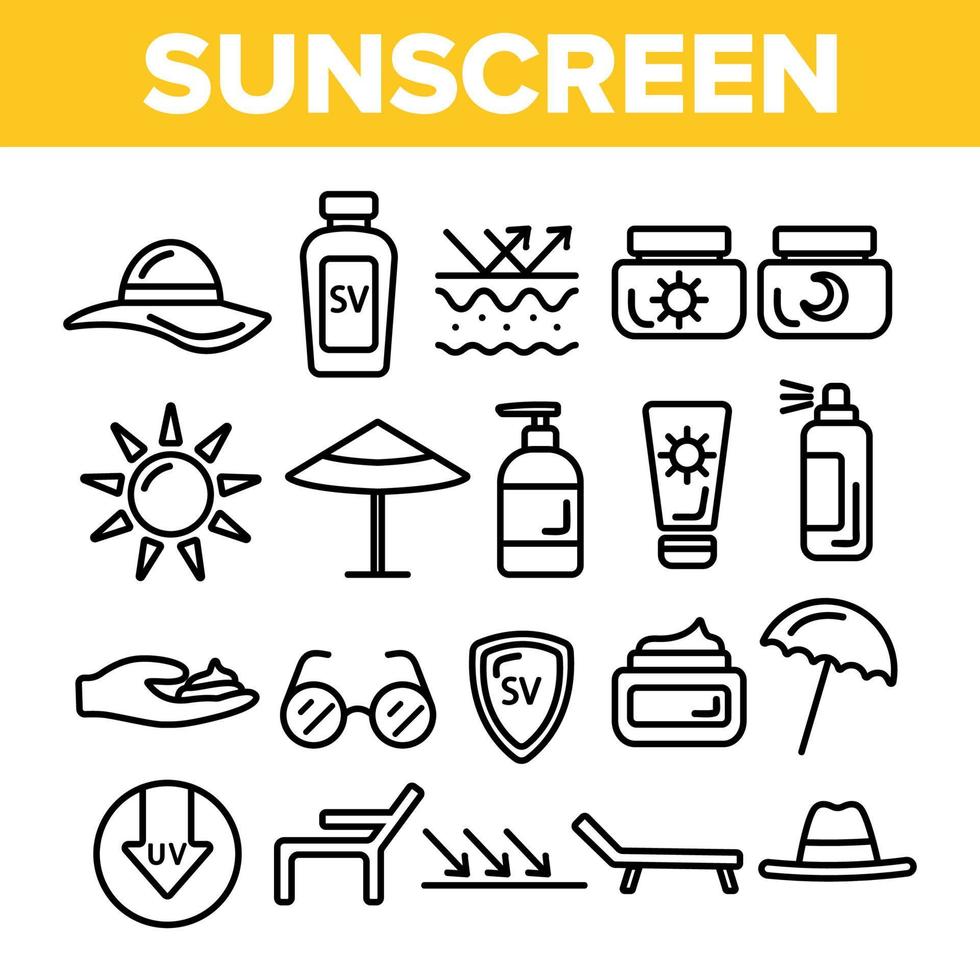 Sunscreen, UV Defence Vector Thin Line Icons Set