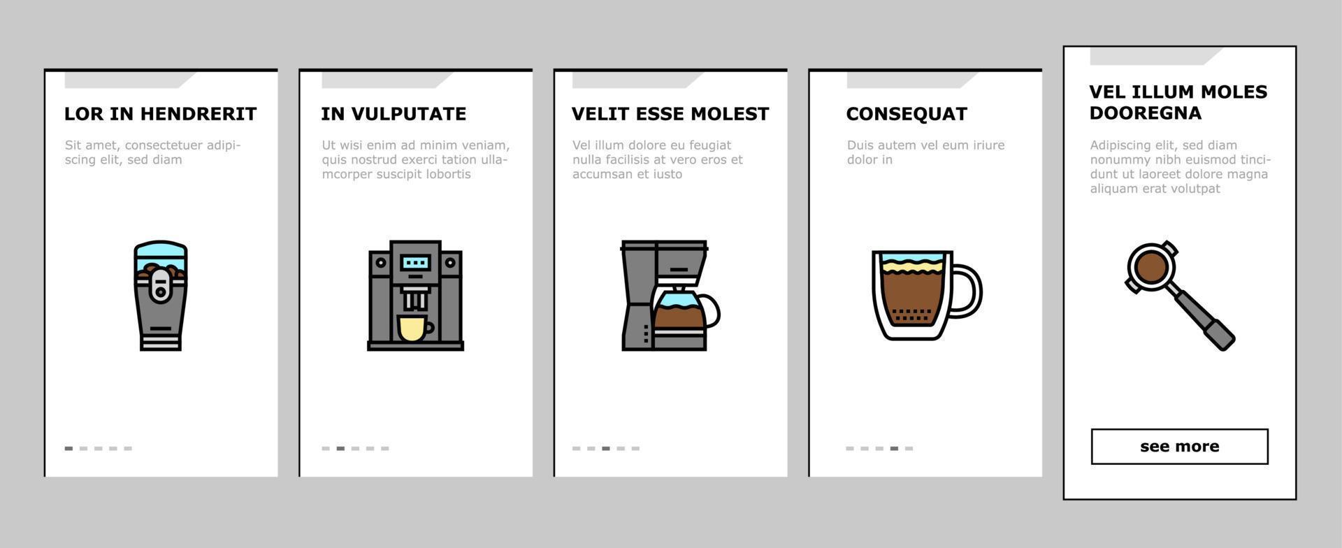 Coffee Make Machine And Accessory Onboarding Icons Set Vector