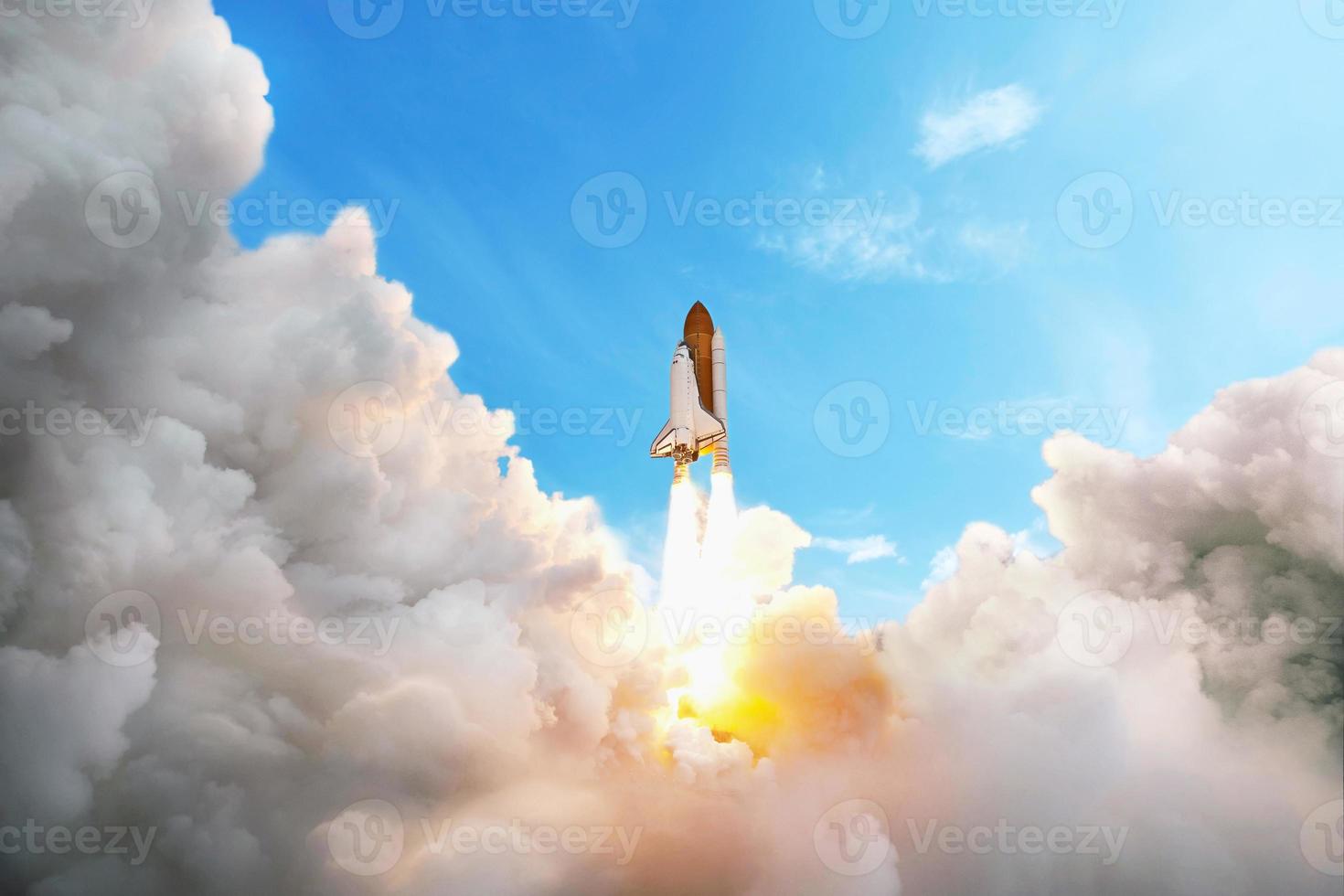 Space shuttle taking off on a mission. Spaceship flying in the sky photo