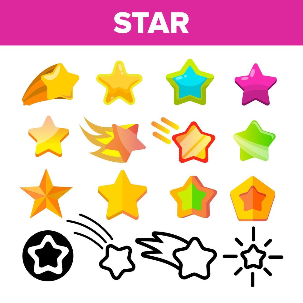 vector de conjunto de iconos de estrella. iconos de estrellas doradas brillantes. objeto del cosmos del cielo. signo de calificación. forma de ganador. línea, ilustración plana