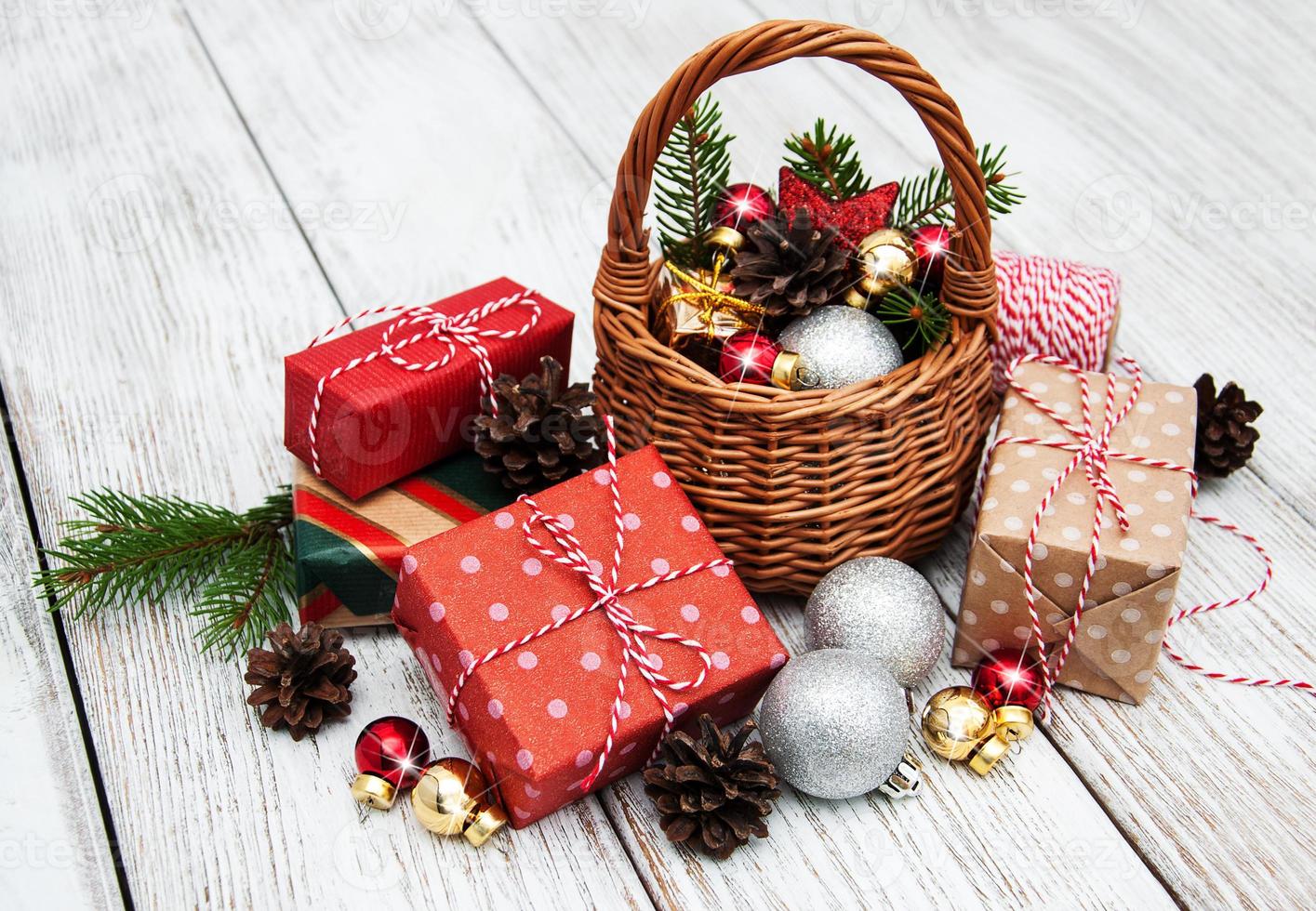 Christmas baubles in basket photo