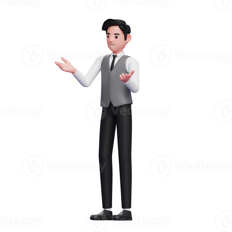 man with speaking gesture is presenting wearing a gray office vest png