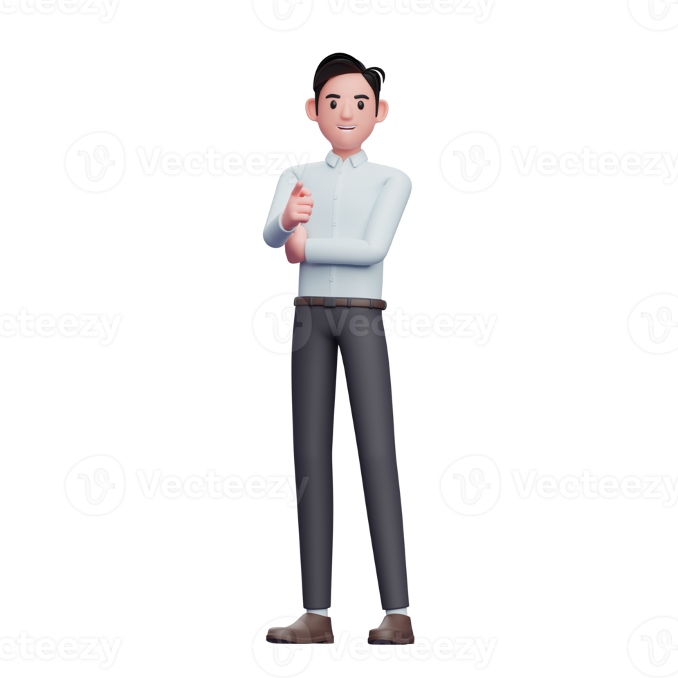 Businessman pointing at camera, 3D render businessman character illustration png