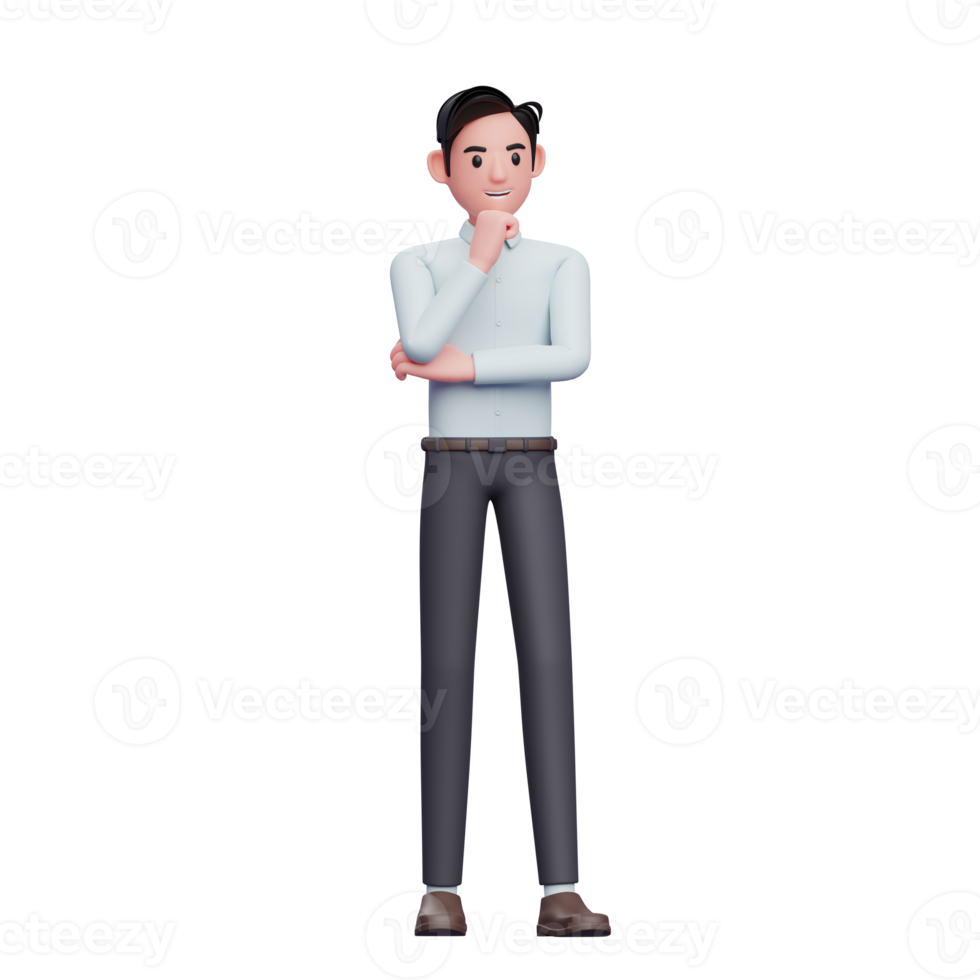 3d Businessman thinking with fist on chin, 3D render businessman wear blue shirt character illustration png