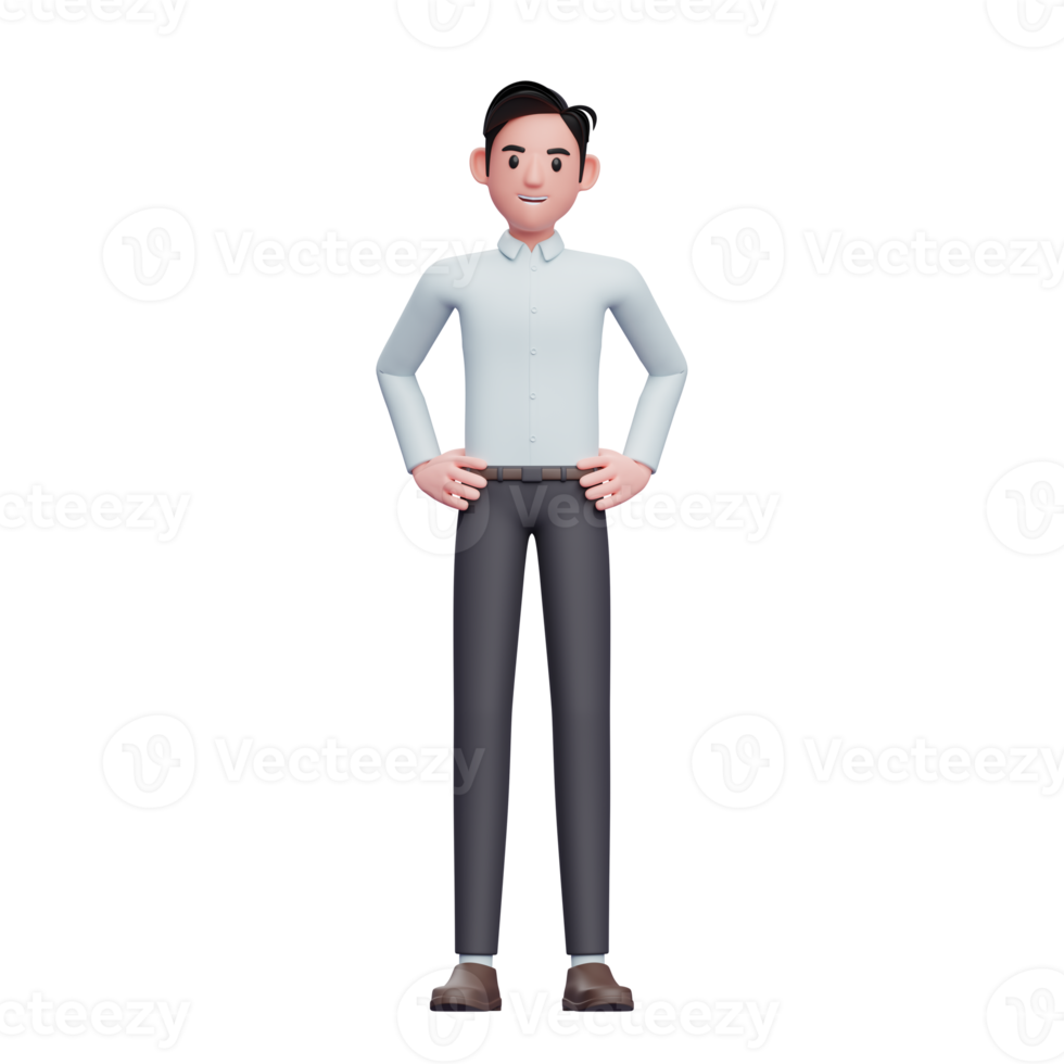 happy Businessman with hand on waist, 3D render businessman ready pose character illustration png