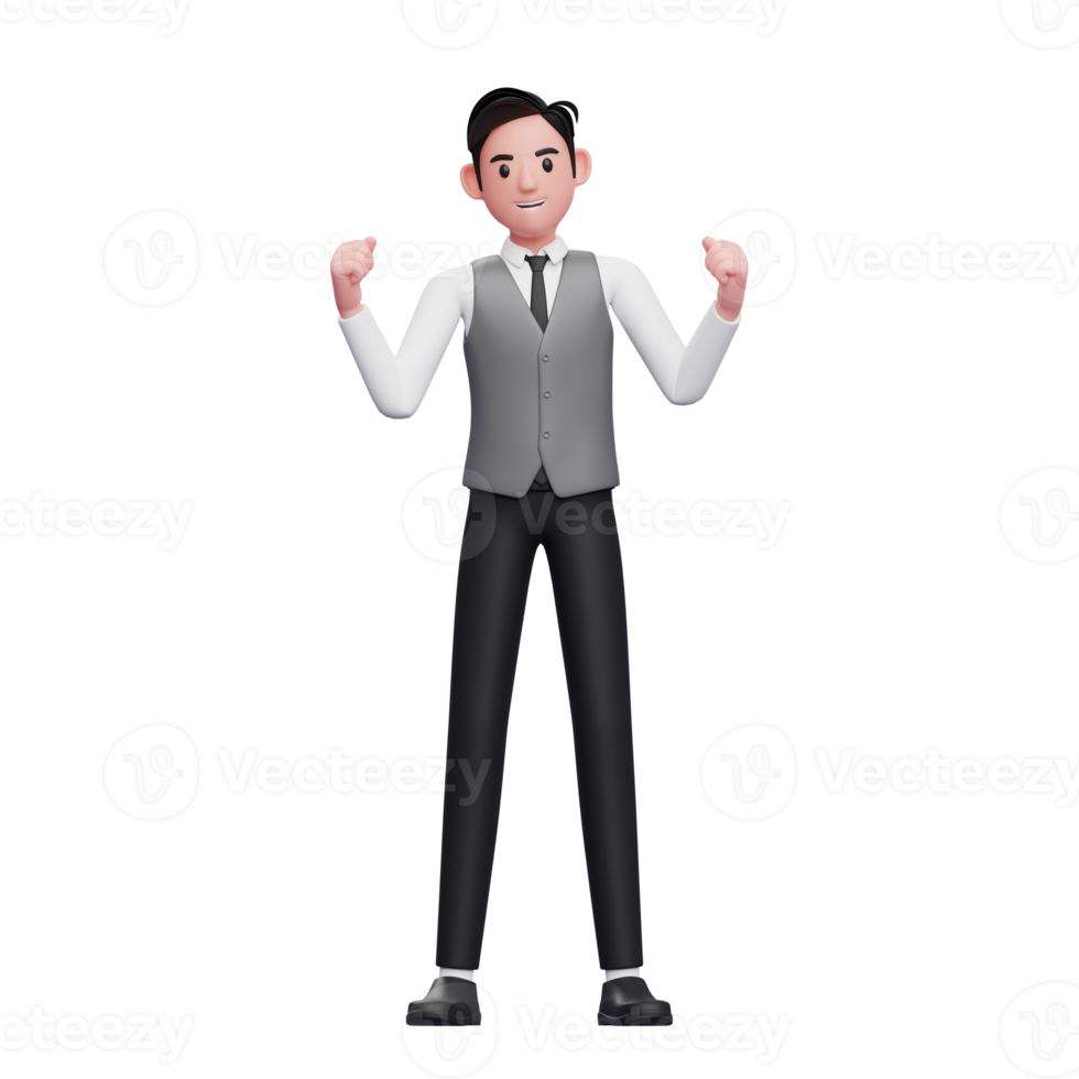 excited young male doing winning gesture wearing a gray office vest png