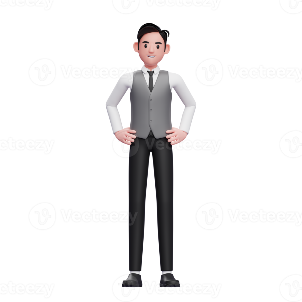 man with hand on waist wearing a gray office vest png