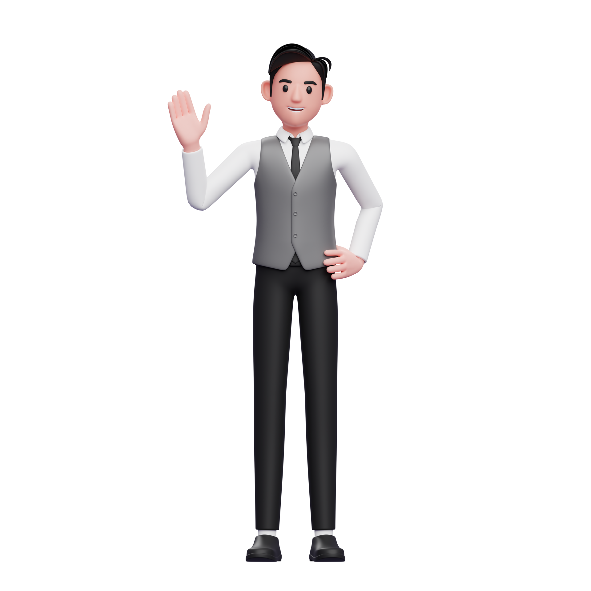 homem acenando com a mão dizendo olá vestindo um colete de escritório