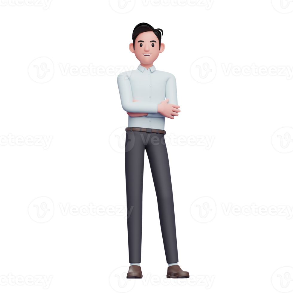 hombre de negocios frío posando con los brazos cruzados, 3d render ilustración de personaje de hombre de negocios png