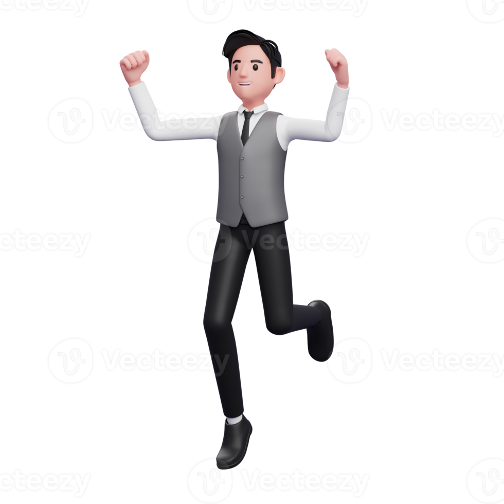 man jumping in the air wearing a gray office vest png