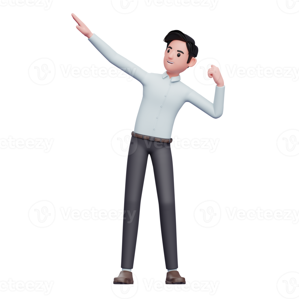 jovem empresário comemorando a vitória com dança, ilustração de personagem de pose de tiro com arco empresário renderização 3d png