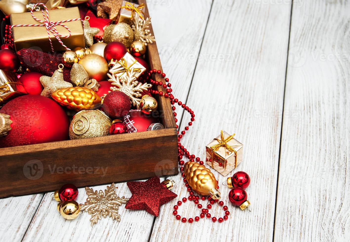 Box with Christmas decorations photo