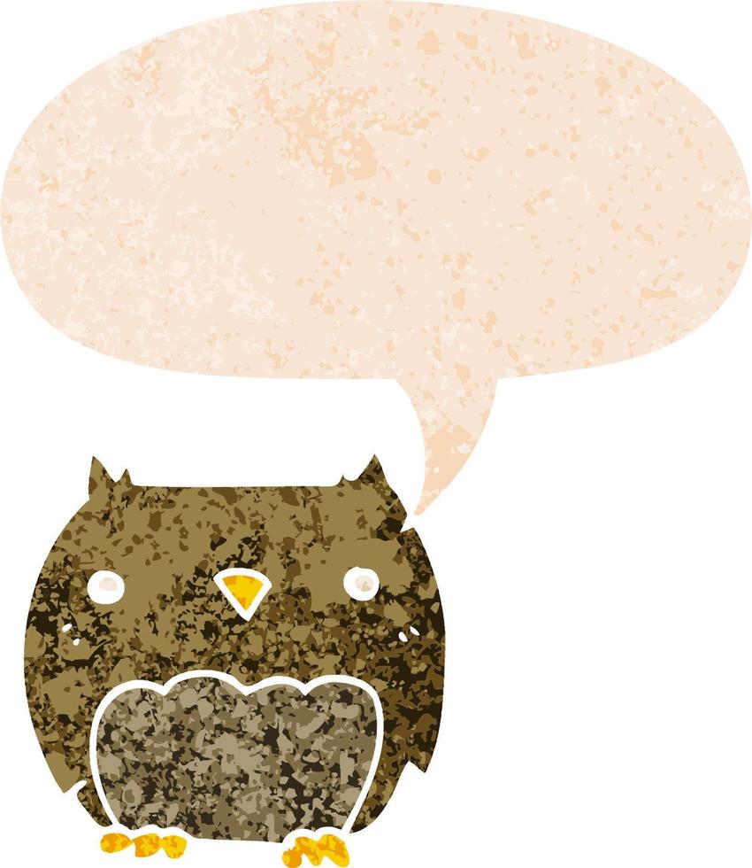 cute cartoon owl and speech bubble in retro textured style vector