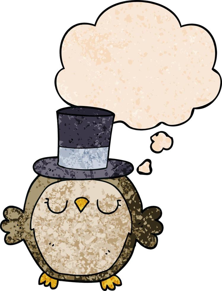 cartoon owl wearing top hat and thought bubble in grunge texture pattern style vector