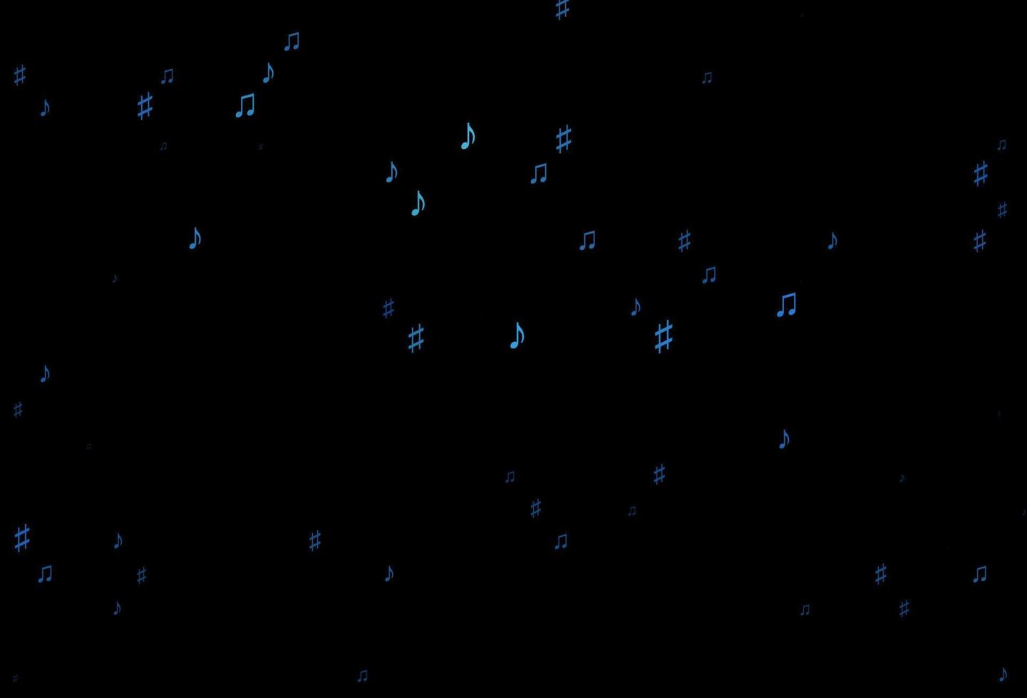 Dark BLUE vector background with music symbols.