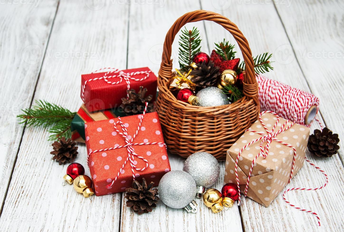 Christmas baubles in basket photo