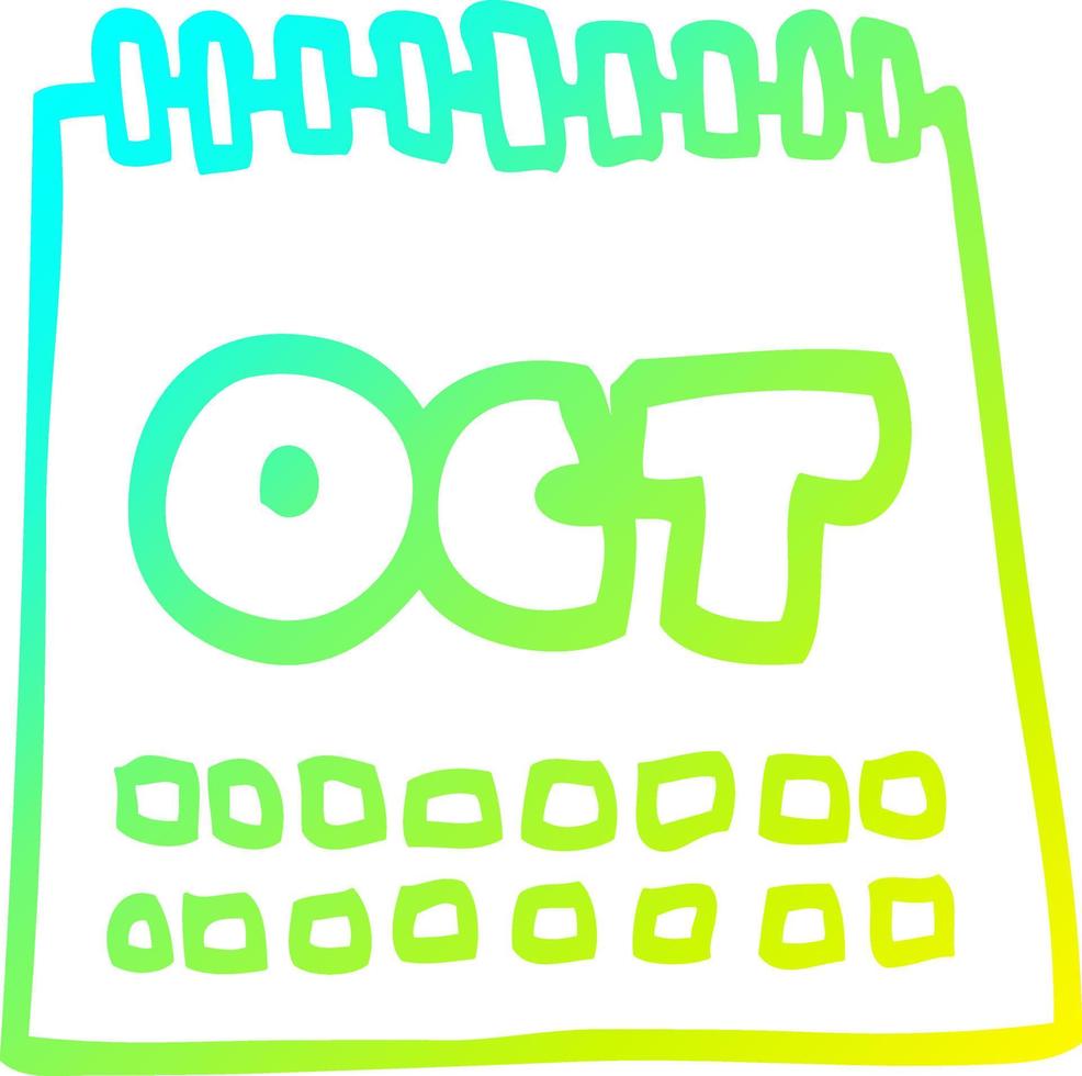 cold gradient line drawing cartoon calendar showing month of october vector