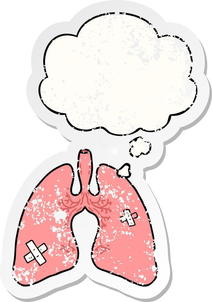 cartoon lungs and thought bubble as a distressed worn sticker vector