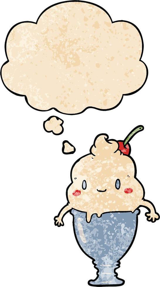 cute cartoon ice cream and thought bubble in grunge texture pattern style vector