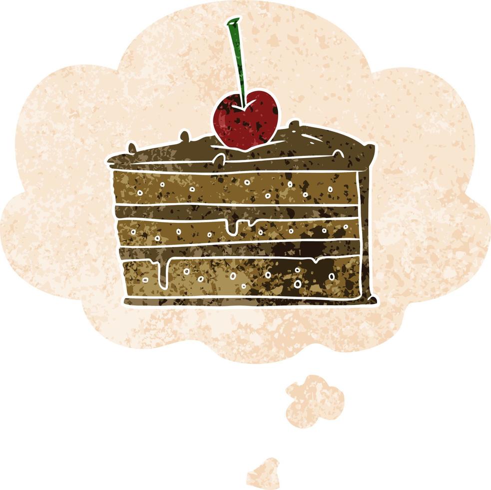 cartoon chocolate cake and thought bubble in retro textured style vector