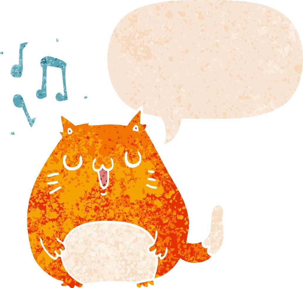 cartoon cat singing and speech bubble in retro textured style vector