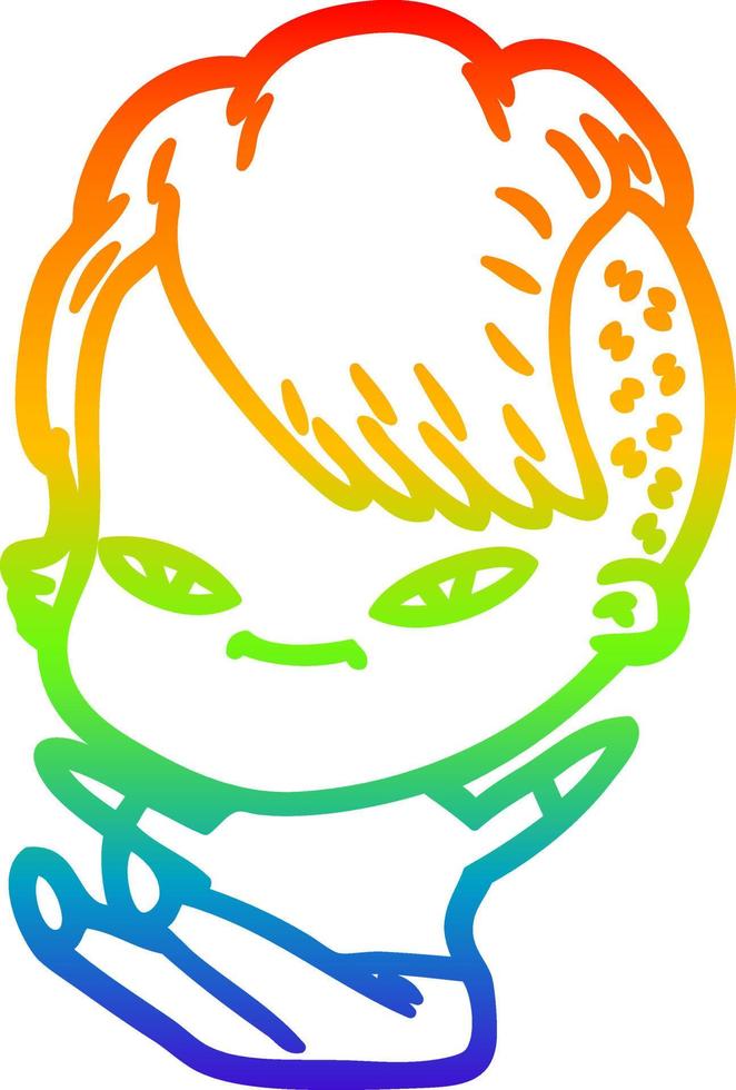 Dibujo de línea de gradiente de arco iris linda chica de dibujos animados con corte de pelo hipster vector