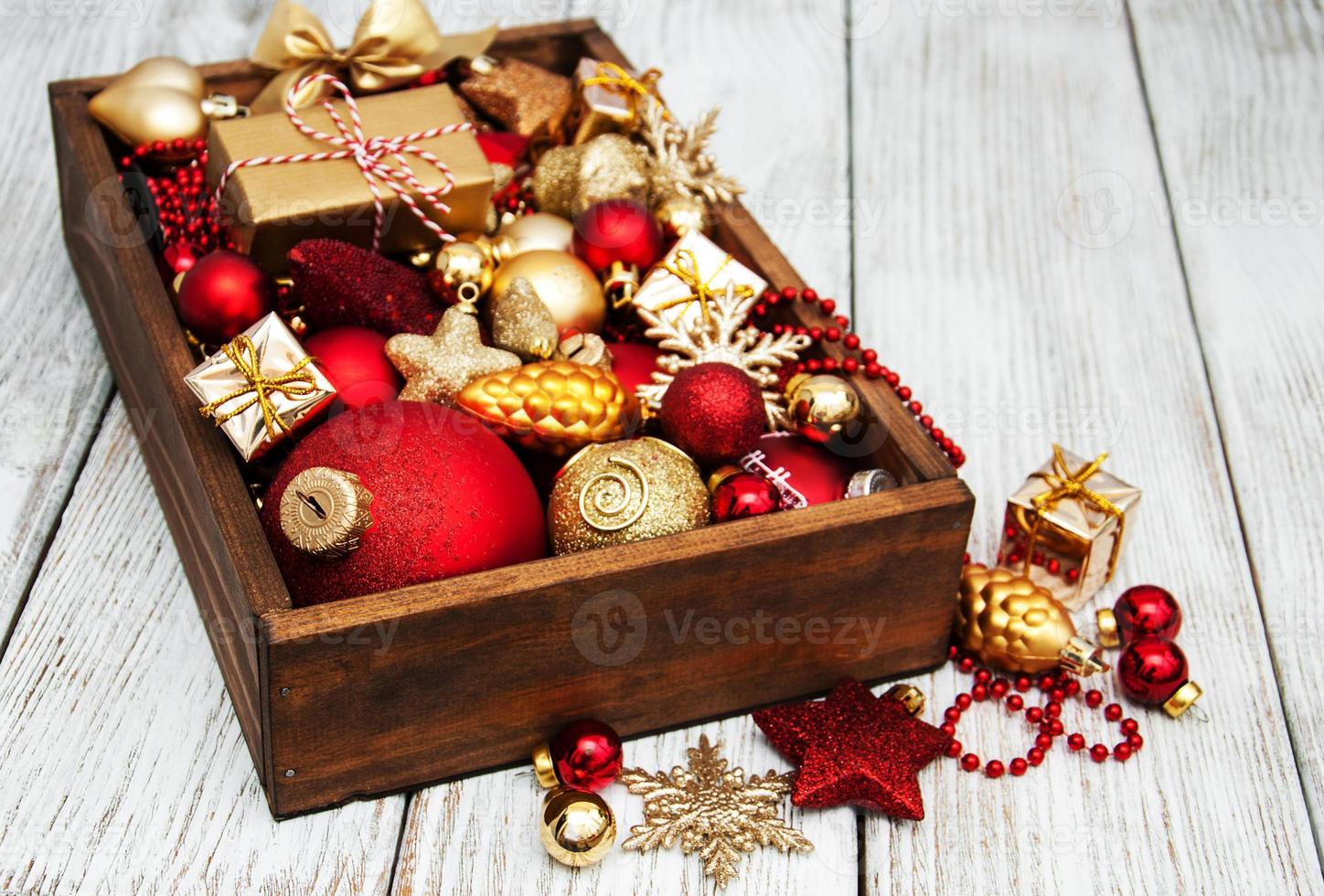 Box with Christmas decorations photo