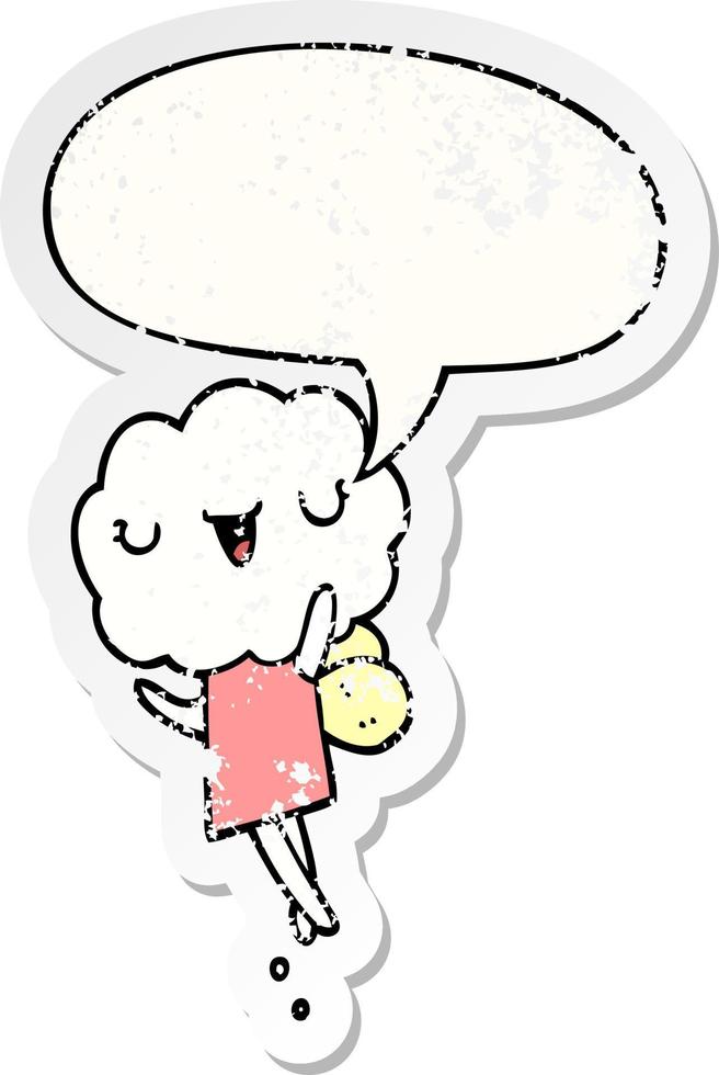 cute cartoon cloud head creature and speech bubble distressed sticker vector