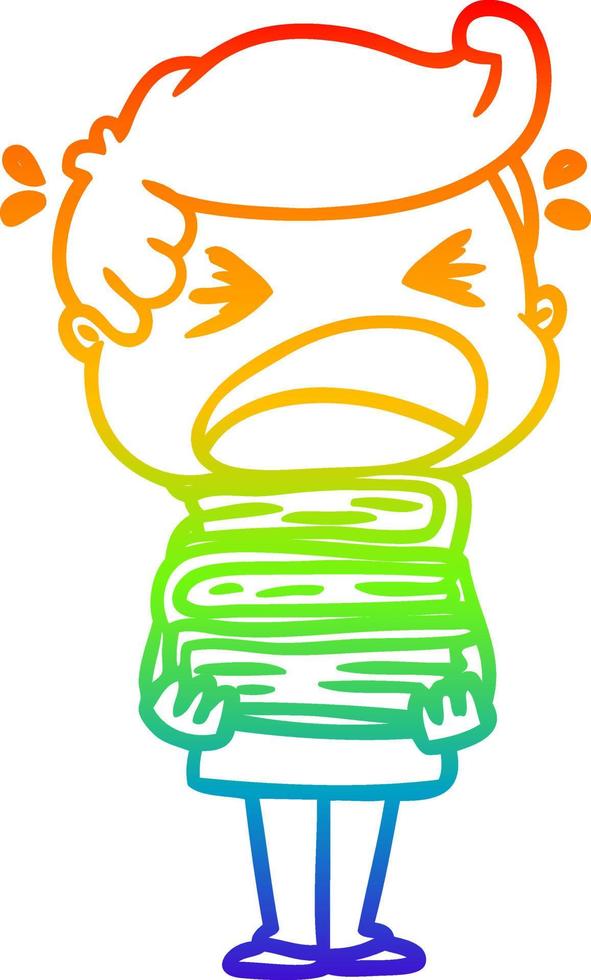 rainbow gradient line drawing cartoon shouting man with stack of books vector