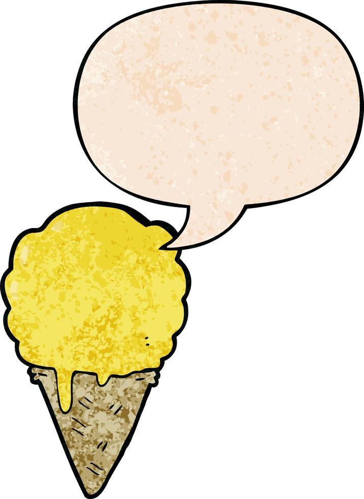 helado de dibujos animados y burbujas de habla en estilo de textura retro vector