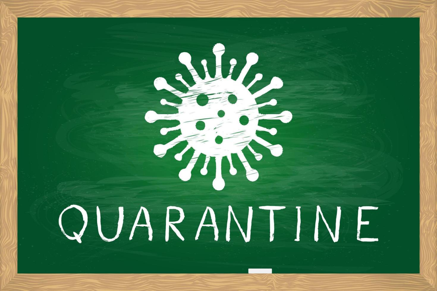 Quarantine hand written on green chalkboard with wooden frame. Pandemic coronavirus COVID-19. Remote education concept. Easy to edit vector template for typography poster, banner, flyer, sticker, etc.