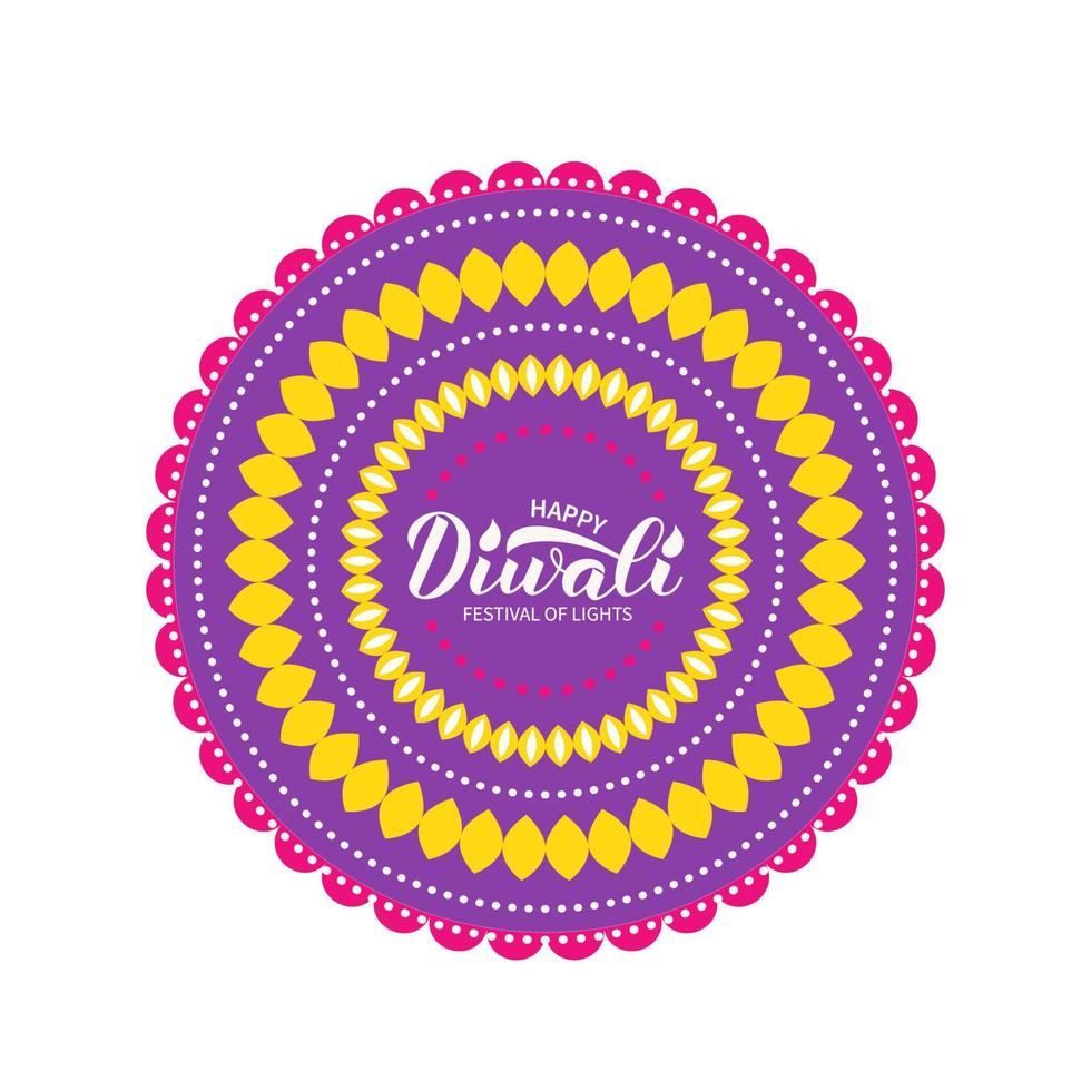 Happy Diwali design with calligraphy lettering and rangoli. Traditional Indian festival of lights typography poster. Easy to edit vector template for banner, flyer, sticker, postcard, greeting card.