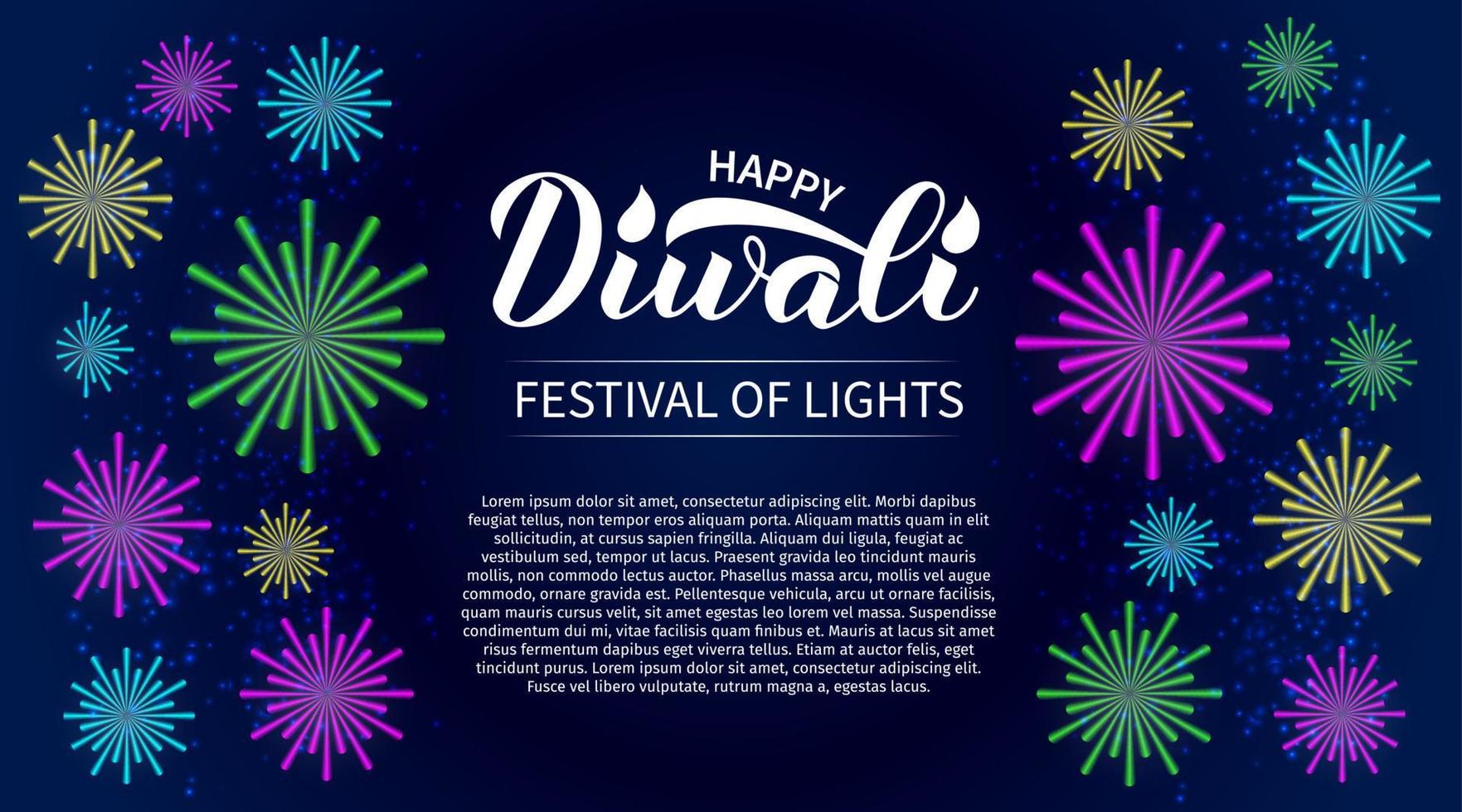 Happy Diwali calligraphy hand lettering and fireworks. Traditional Indian festival of lights banner. Easy to edit vector template for poster, flyer, sticker, postcard, greeting card.