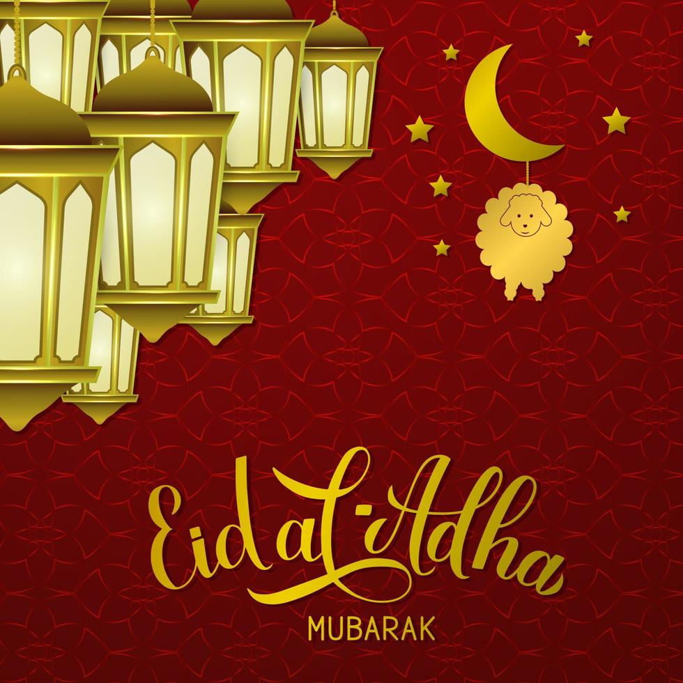 Eid al-Adha calligraphy lettering and lanterns on red Arabic pattern background. Kurban Bayrami typography poster. Islamic traditional festival. Vector template for greeting card, banner,flyer, etc.