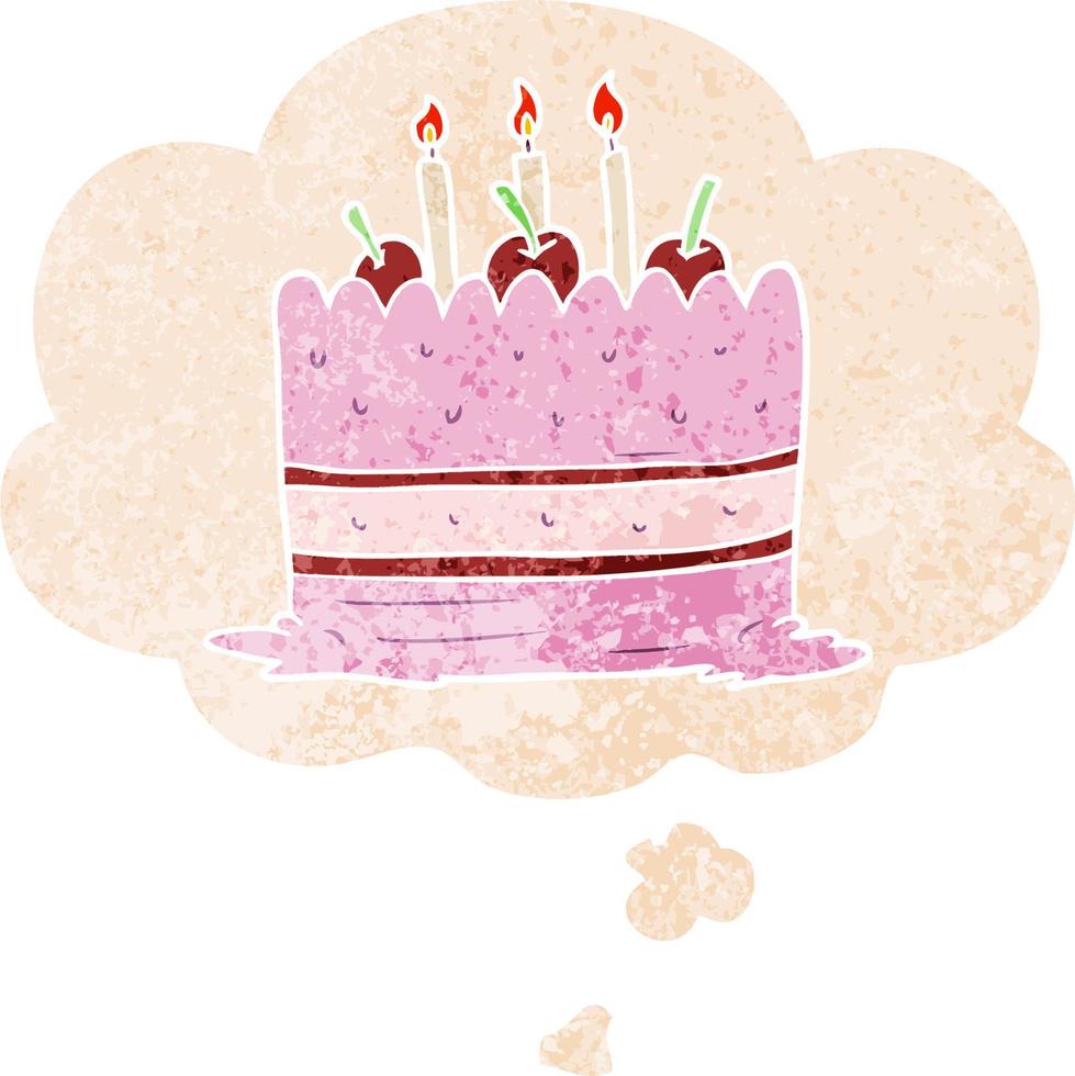 cartoon cake and thought bubble in retro textured style vector