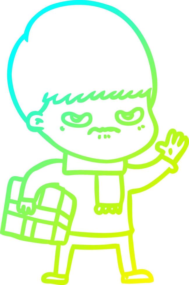 cold gradient line drawing annoyed cartoon boy vector