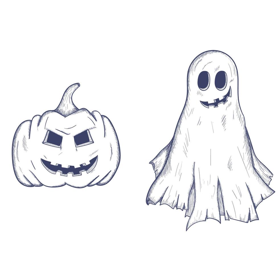 Halloween ghost and pumpkin sketch vector