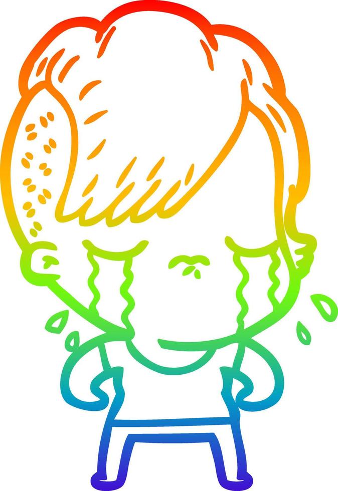 dibujo de línea de gradiente de arco iris niña llorando de dibujos animados vector