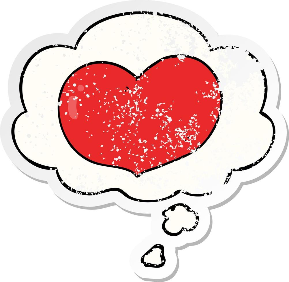 caricatura, amor, corazón, y, pensamiento, burbuja, como, un, desgastado, pegatina vector