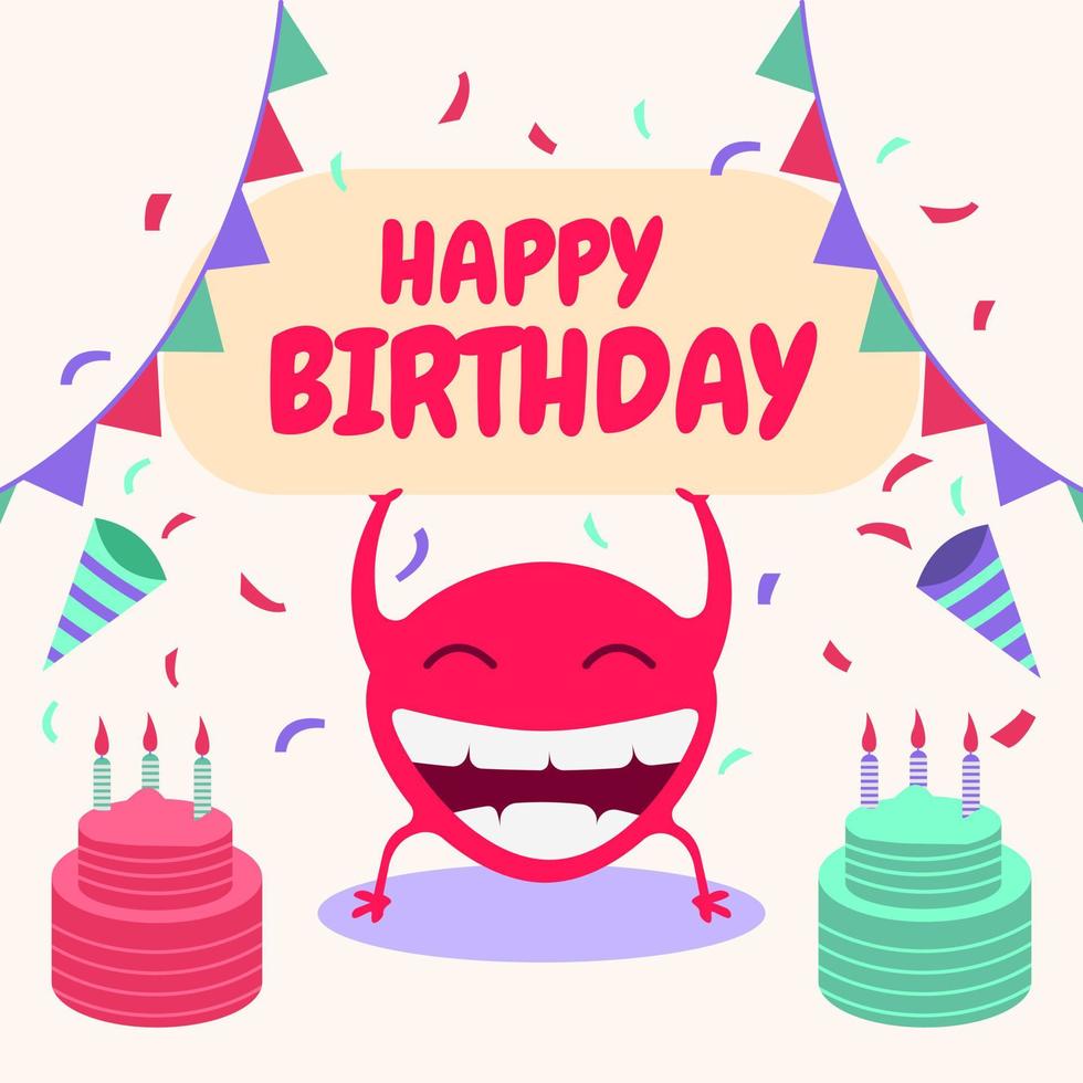 diseño de tarjeta de felicitación de fiesta de cumpleaños feliz con monstruo lindo divertido vector