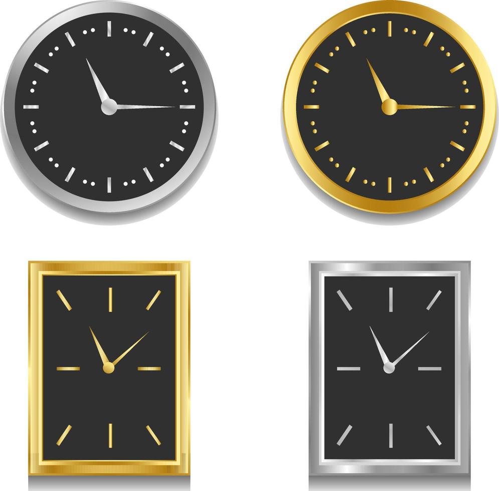 conjunto de reloj de pared realista plateado y dorado metálico en forma redonda y rectangular vector