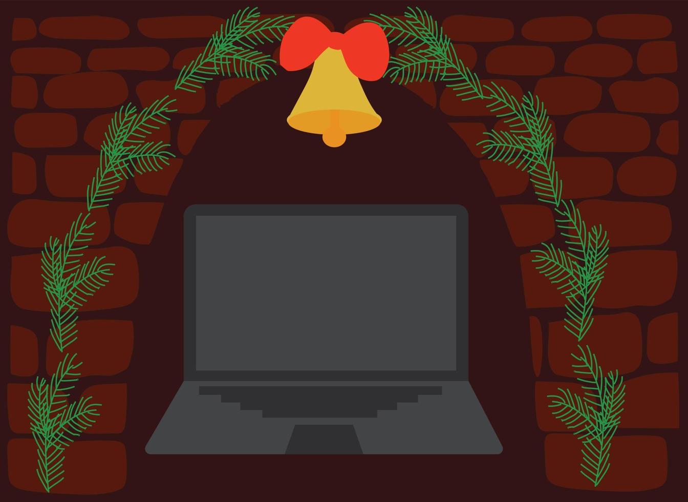 A laptop instead of a hearth in a Christmas fireplace. The concept of an online store, ordering gifts, online shopping. Vector illustration.